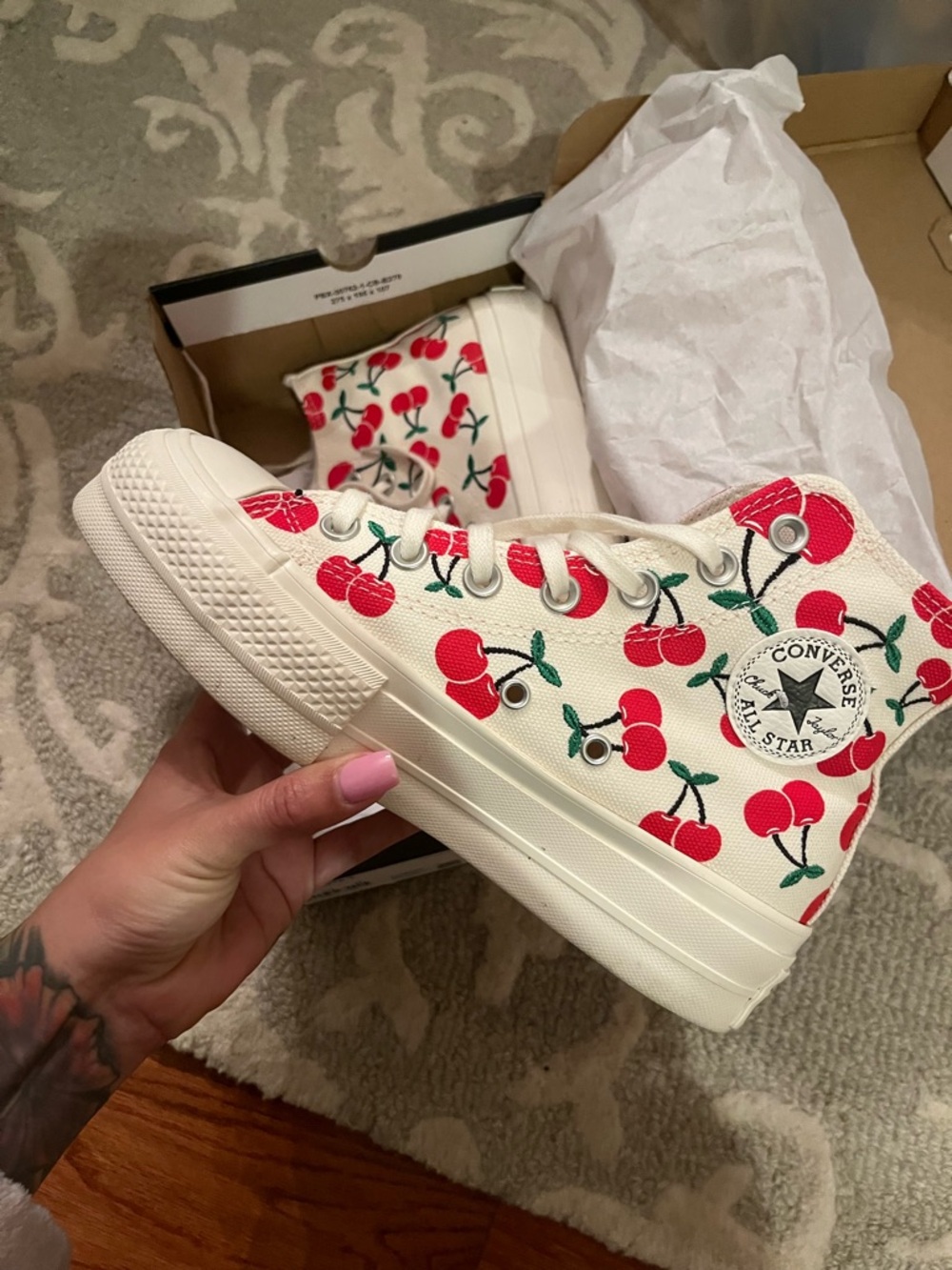 Converse High Top Sneakers in Cream with Red Cherry Print